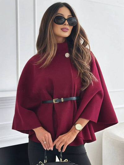 Lara |  Short Red poncho coat with batwing sleeves, elegant and casual for women