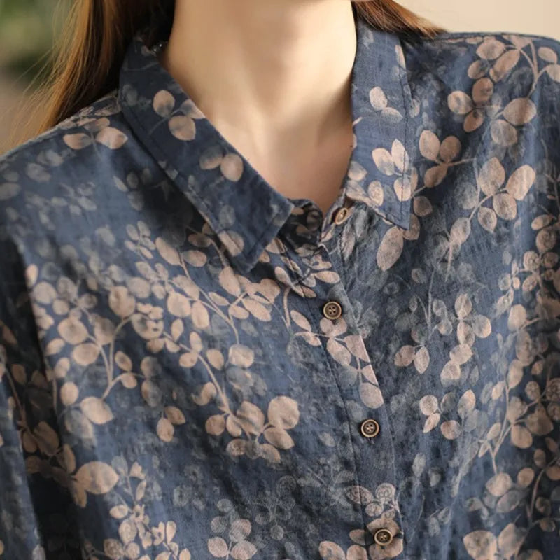 Rina™ | Vintage Floral Cotton Linen Shirt