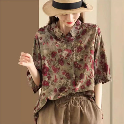 Rina™ | Vintage Floral Cotton Linen Shirt