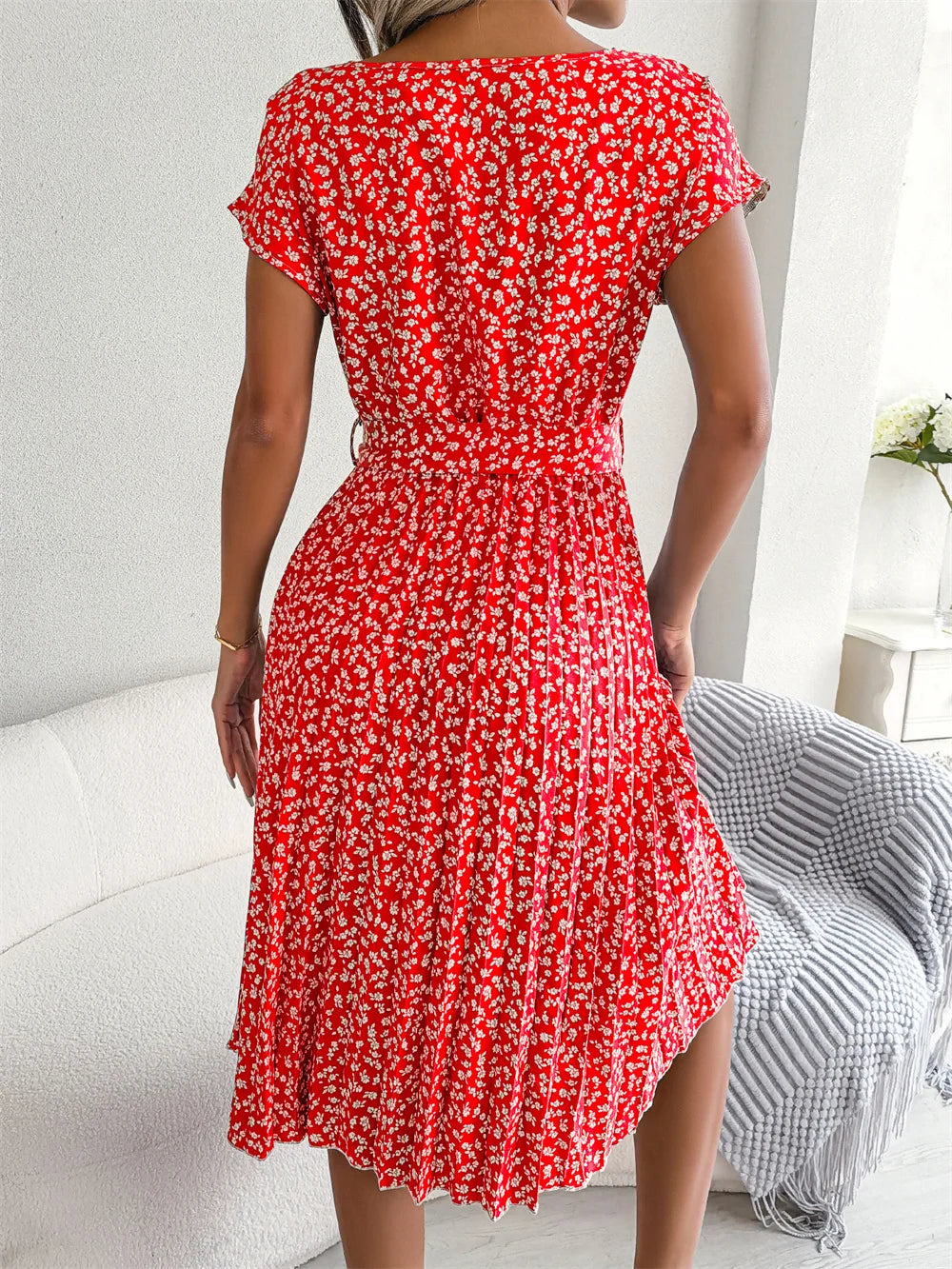 Monica™ | Elegant Pleated Floral Midi Dress